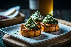 three mini breadsticks with cheese and herbs on a white plate. AI-Generated photo