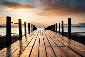 a wooden pier with a sunset behind it. AI-Generated photo
