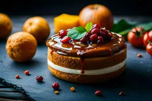 cake with berries and cream on a black background. AI-Generated photo