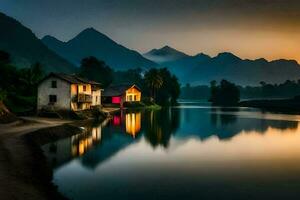 photo wallpaper the sky, mountains, water, house, the village, the river, the mountains. AI-Generated