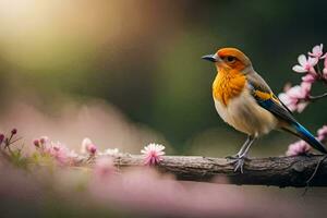 a bird sits on a branch with flowers. AI-Generated photo