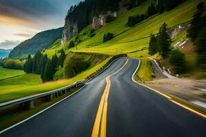 a road in the mountains with a green grassy field. AI-Generated photo