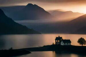 a small house sits on the shore of a lake at sunset. AI-Generated photo