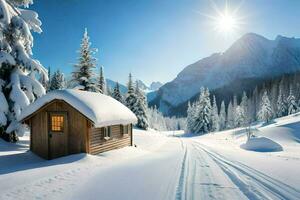 a cabin in the snow with trees and mountains. AI-Generated photo