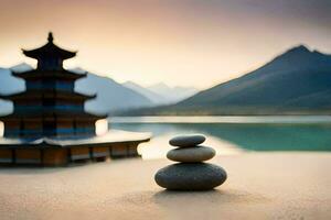 a stack of stones sits on the sand near a lake. AI-Generated photo