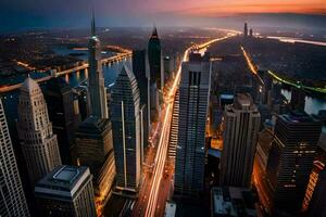 un ciudad horizonte a oscuridad con tráfico luces. generado por ai foto