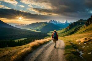 un persona caminando en un suciedad la carretera en el montañas. generado por ai foto