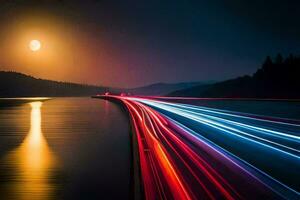 un largo exposición fotografía de un autopista a noche con un lleno Luna. generado por ai foto