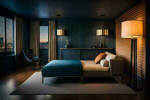 a bedroom with blue walls and wood paneling. AI-Generated photo