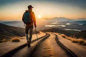 un hombre con un mochila y excursionismo polos caminando en un la carretera a puesta de sol. generado por ai foto