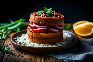 a plate with a stack of food on it. AI-Generated photo