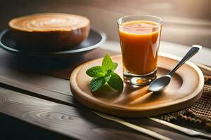 a glass of orange juice on a wooden table. AI-Generated photo