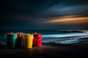 three buckets of peanuts on the beach at night. AI-Generated photo