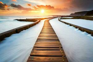 a wooden walkway leads to the ocean at sunset. AI-Generated photo