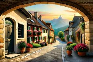 an illustration of a street with flowers and houses. AI-Generated photo