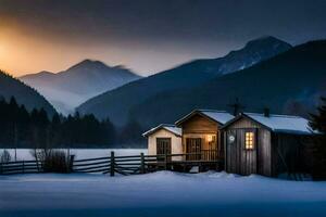 a cabin in the snow with mountains in the background. AI-Generated photo