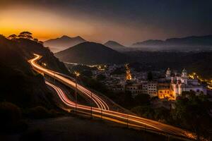 a long exposure photograph of a city at sunset. AI-Generated photo