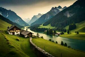 a house sits on a hill overlooking a river and mountains. AI-Generated photo