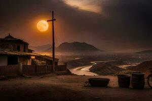 a bicycle is parked in front of a house with a full moon in the sky. AI-Generated photo