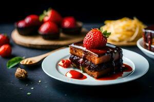 a piece of cake with strawberries and syrup on it. AI-Generated photo