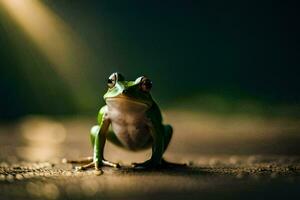 a frog is sitting on the ground in front of a light. AI-Generated photo