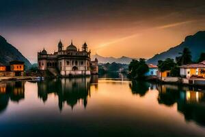 a beautiful sunset over a lake in india. AI-Generated photo