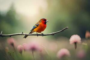 a colorful bird sits on a branch in a field. AI-Generated photo