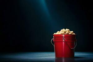a red bucket filled with peanuts on a dark table. AI-Generated photo