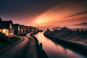 un largo la carretera líder a un canal a puesta de sol. generado por ai foto