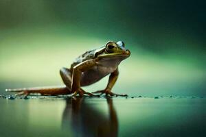 a frog sitting on the ground with a green background. AI-Generated photo