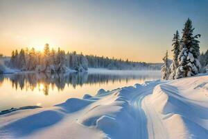 photo wallpaper the sky, snow, trees, lake, sun, winter, the forest, the. AI-Generated