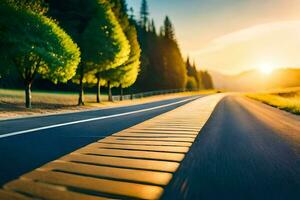 a road with trees and sun setting in the background. AI-Generated photo