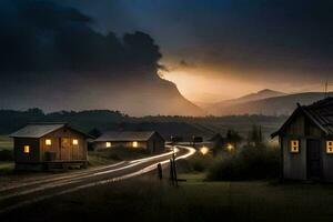 a small village in the middle of a field with a dark sky. AI-Generated photo