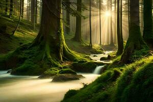 un corriente carreras mediante un bosque con arboles y musgo. generado por ai foto