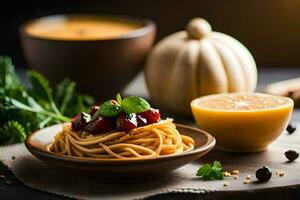 spaghetti with cranberry sauce and pumpkin soup. AI-Generated photo