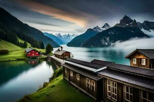 un lago y un montaña rango con un casa y un bote. generado por ai foto