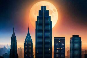 el ciudad es iluminado arriba a noche con un lleno Luna. generado por ai foto