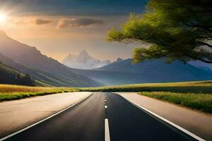 un largo vacío la carretera en el montañas. generado por ai foto