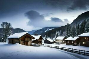 photo wallpaper the sky, snow, mountains, houses, trees, village, winter, the al. AI-Generated