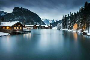 a lake and a mountain range with houses in the snow. AI-Generated photo