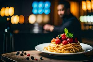 a plate of pasta with berries and a man in the background. AI-Generated photo
