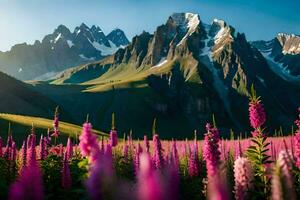 the mountains are covered in purple flowers and the sun shines on them. AI-Generated photo