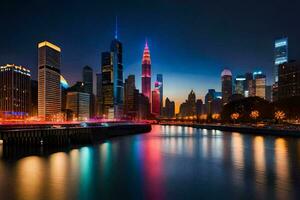 el ciudad horizonte a noche con luces reflejando apagado el agua. generado por ai foto