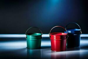 three colorful buckets on a dark surface. AI-Generated photo