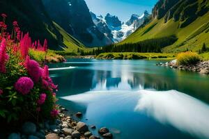 a river flows through a mountain range with pink flowers. AI-Generated photo