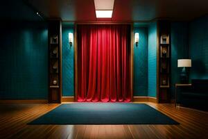 un habitación con un rojo cortina y de madera pisos generado por ai foto