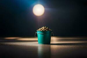 a bucket of peanuts on a table in front of a spotlight. AI-Generated photo