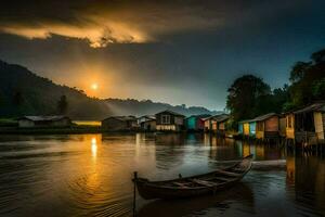 a boat sits on the water in front of a village. AI-Generated photo