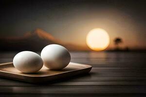 two eggs on a wooden tray with a sunset in the background. AI-Generated photo