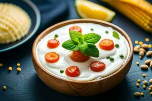 yogur con Tomates y Pepino en un bol. generado por ai foto